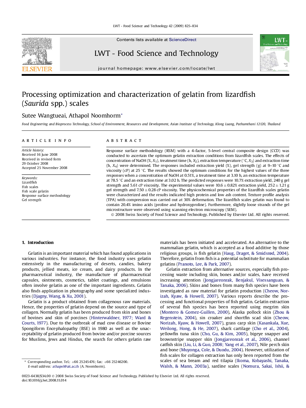 Processing optimization and characterization of gelatin from lizardfish (Saurida spp.) scales