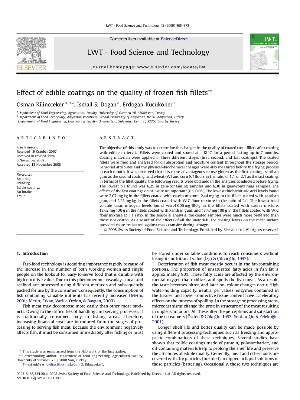 Effect of edible coatings on the quality of frozen fish fillets 