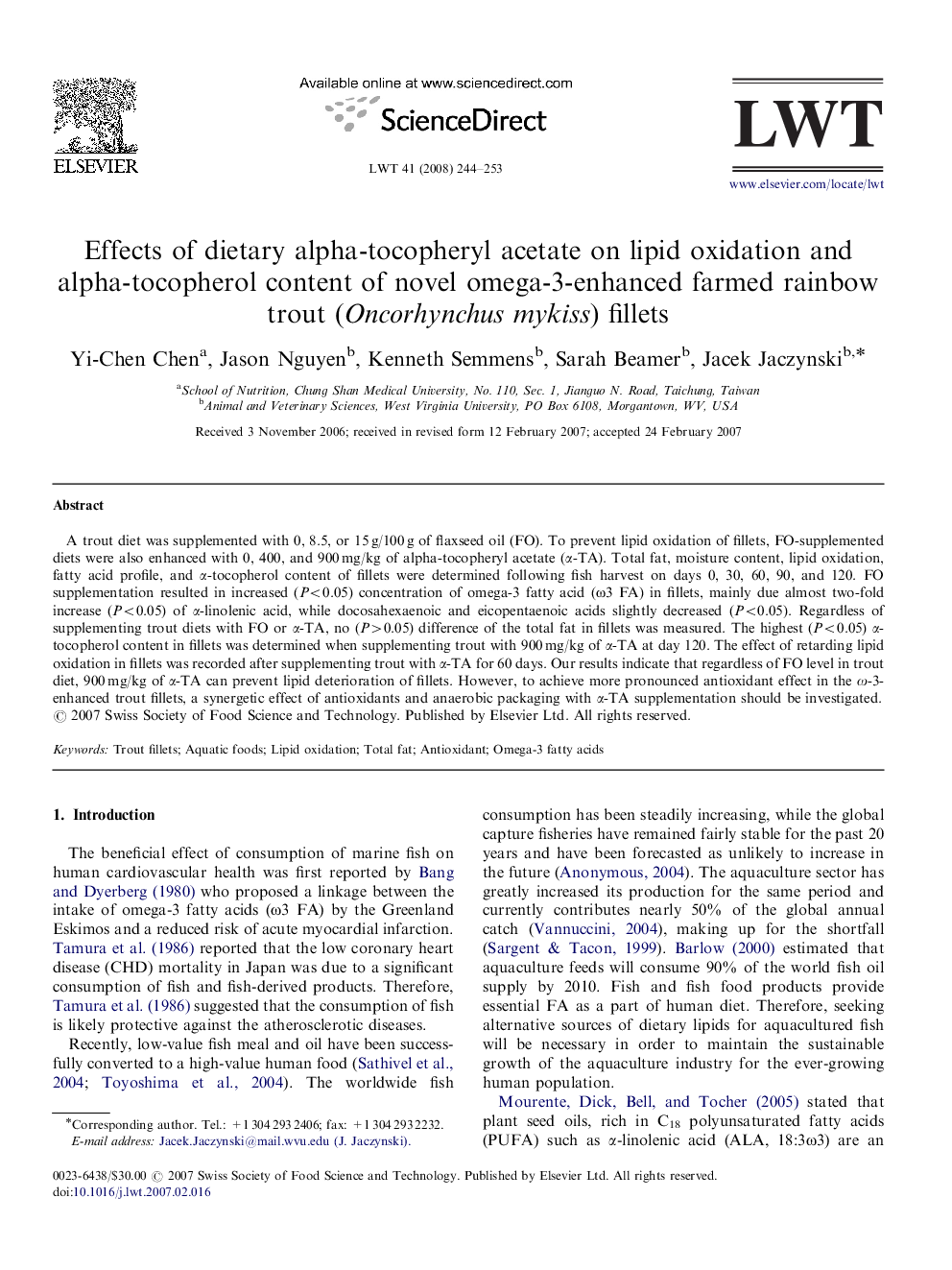 Effects of dietary alpha-tocopheryl acetate on lipid oxidation and alpha-tocopherol content of novel omega-3-enhanced farmed rainbow trout (Oncorhynchus mykiss) fillets