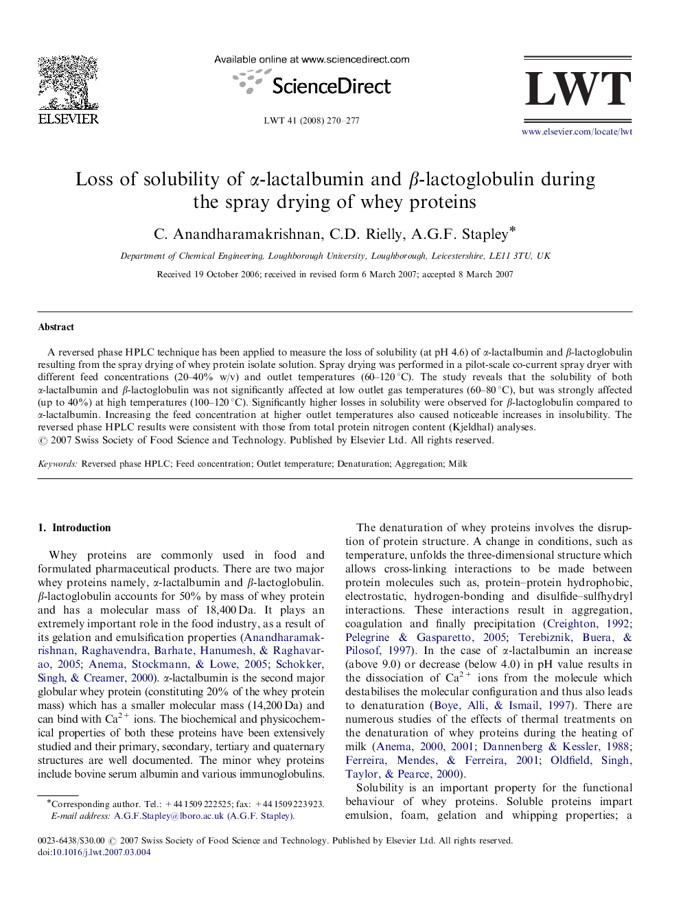 عکس صفحه اول مقاله: Loss of solubility of α-lactalbumin and β-lactoglobulin during the spray drying of whey proteins Loss of solubility of α-lactalbumin and β-lactoglobulin during the spray drying of whey proteins