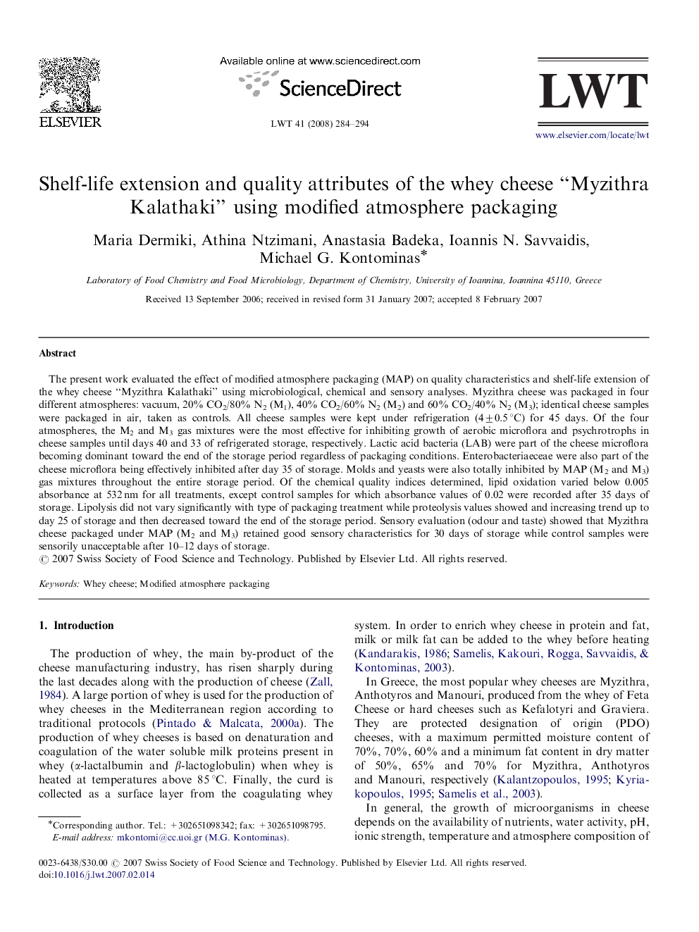 Shelf-life extension and quality attributes of the whey cheese “Myzithra Kalathaki” using modified atmosphere packaging