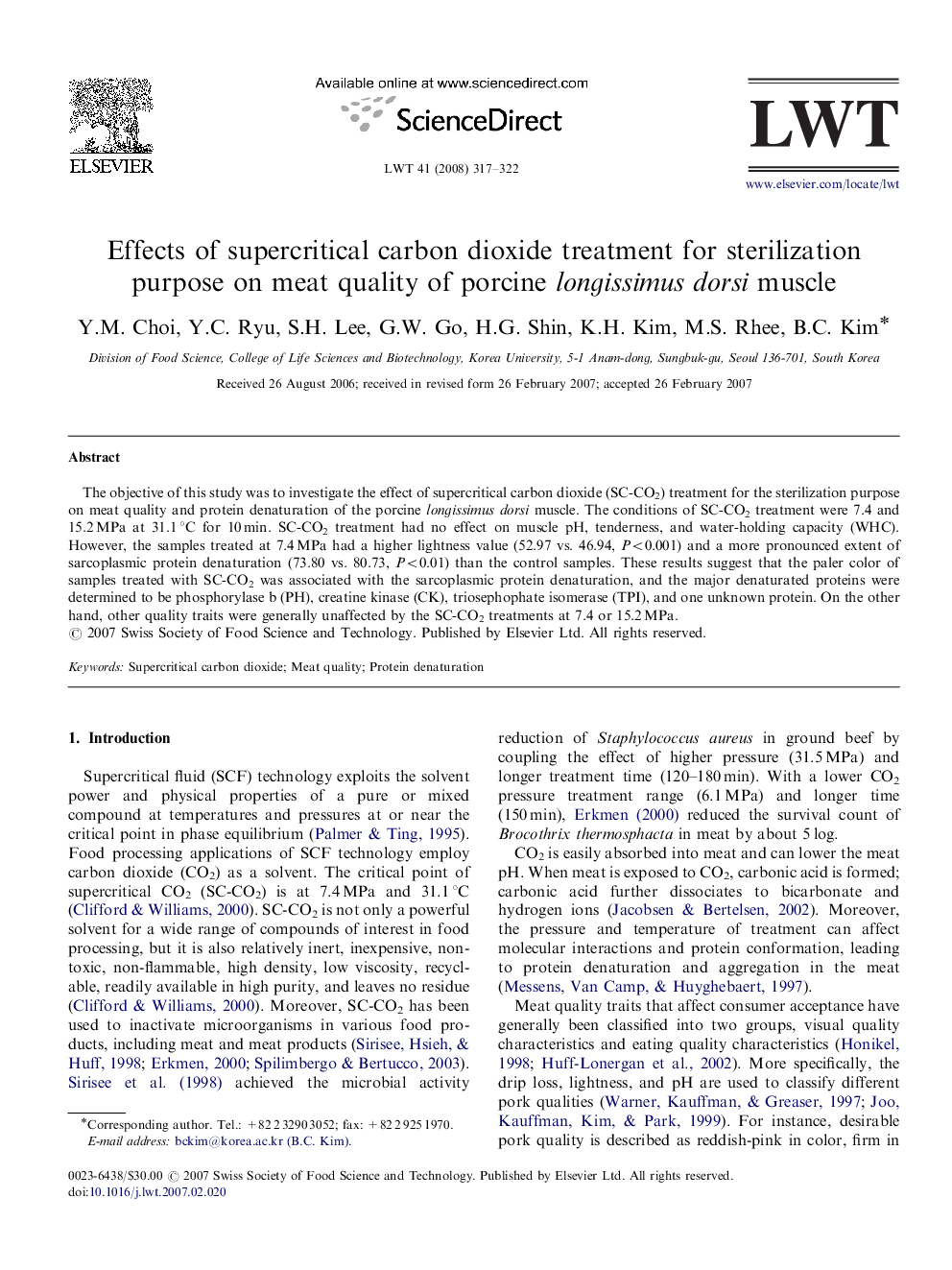 Effects of supercritical carbon dioxide treatment for sterilization purpose on meat quality of porcine longissimus dorsi muscle