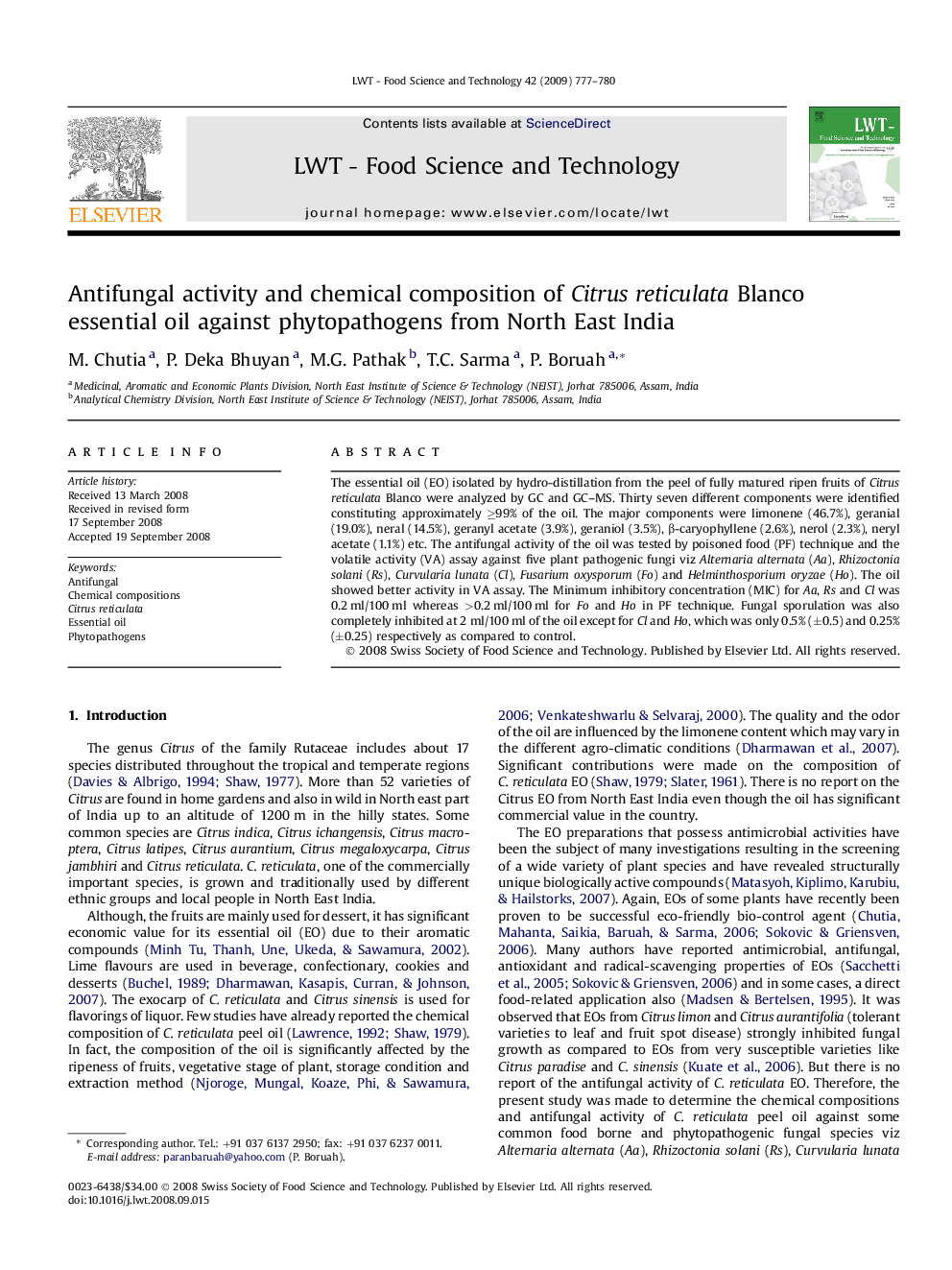 Antifungal activity and chemical composition of Citrus reticulata Blanco essential oil against phytopathogens from North East India