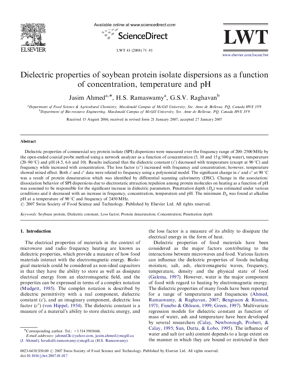 Dielectric properties of soybean protein isolate dispersions as a function of concentration, temperature and pH