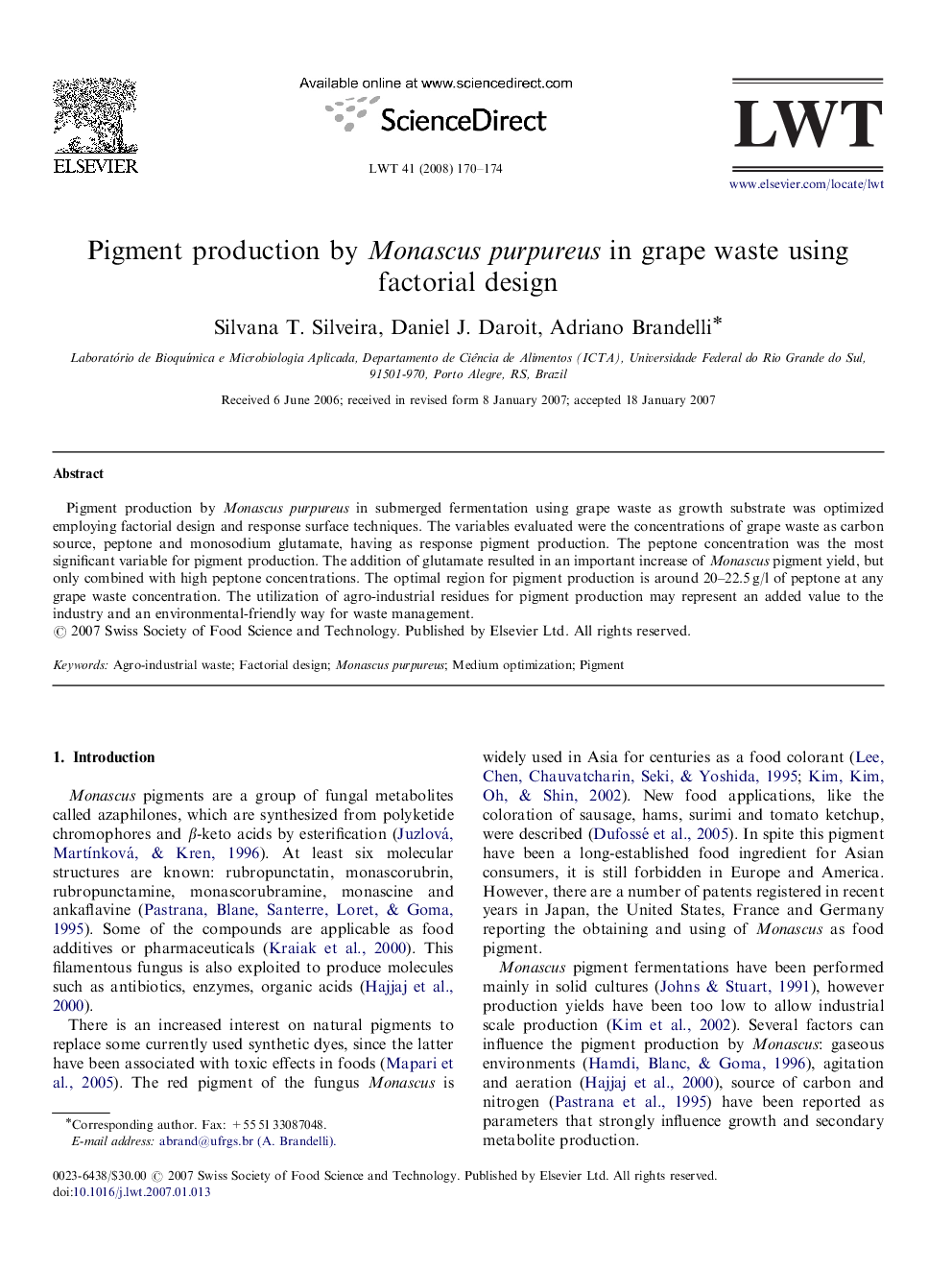 Pigment production by Monascus purpureus in grape waste using factorial design