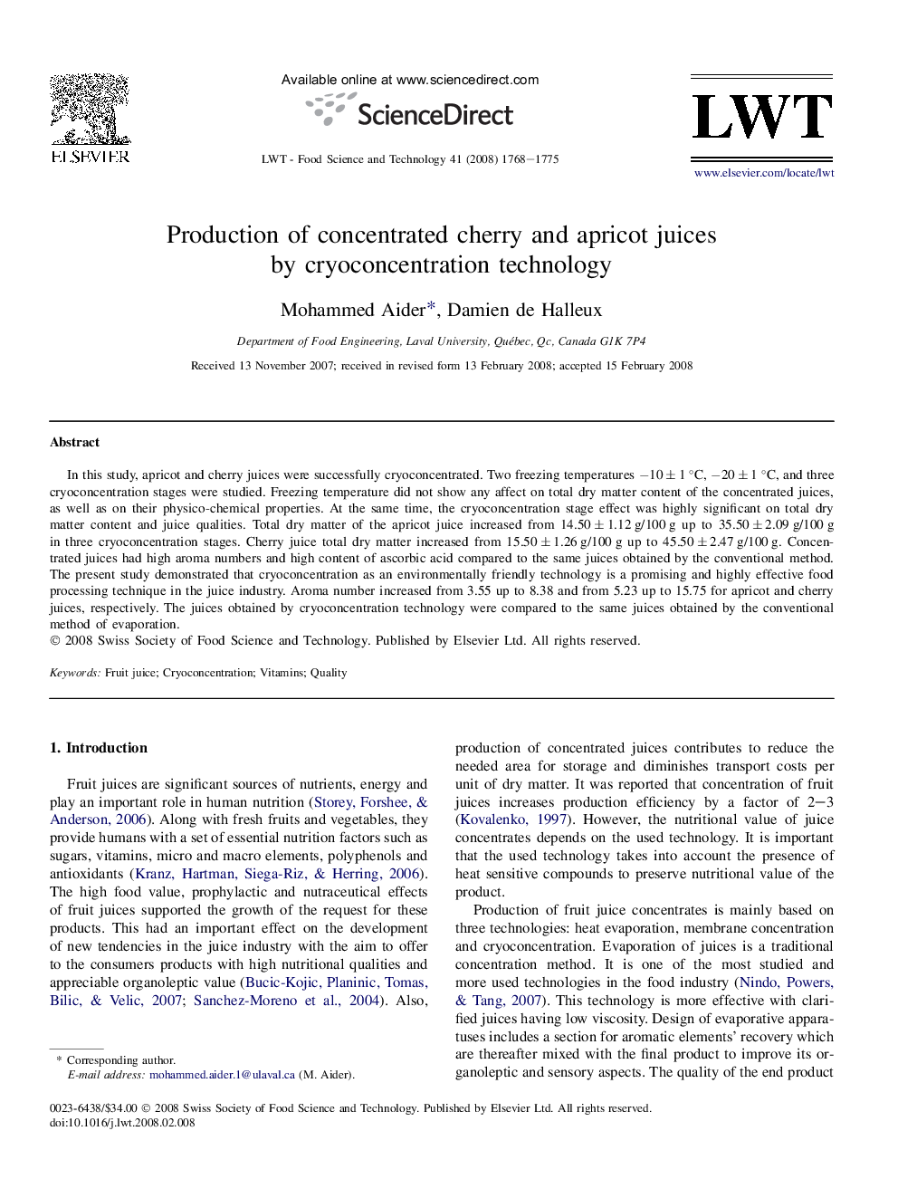 Production of concentrated cherry and apricot juices by cryoconcentration technology