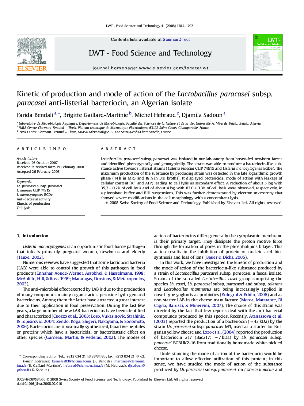 Kinetic of production and mode of action of the Lactobacillus paracasei subsp. paracasei anti-listerial bacteriocin, an Algerian isolate