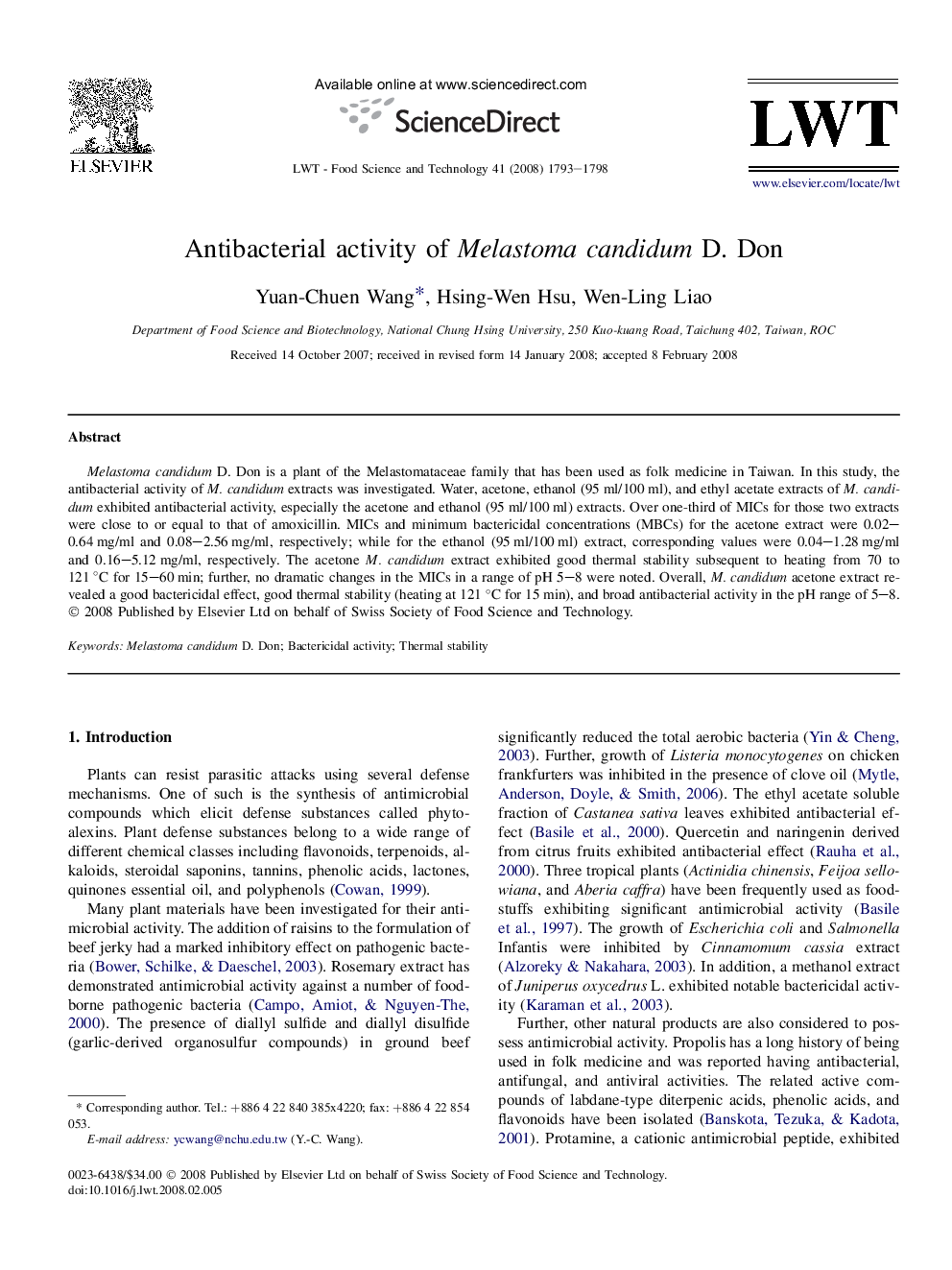 Antibacterial activity of Melastoma candidum D. Don