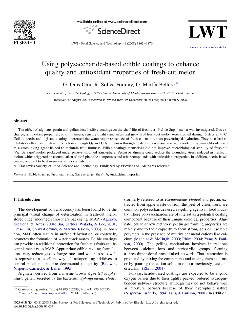 Using polysaccharide-based edible coatings to enhance quality and antioxidant properties of fresh-cut melon