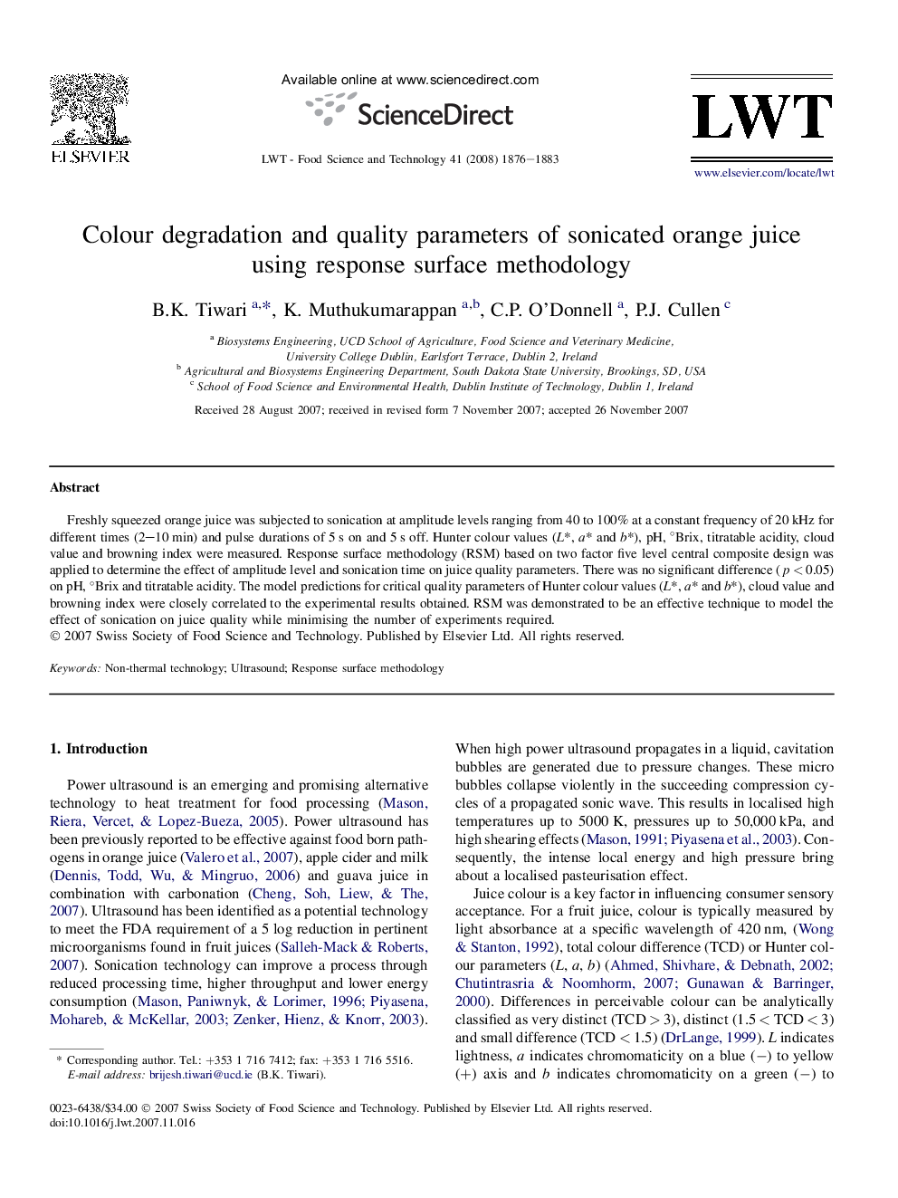 Colour degradation and quality parameters of sonicated orange juice using response surface methodology