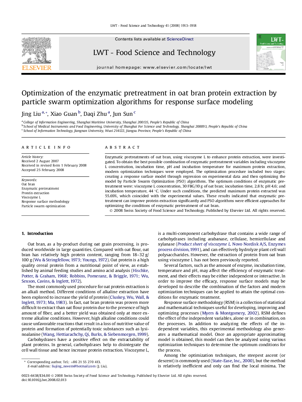 Optimization of the enzymatic pretreatment in oat bran protein extraction by particle swarm optimization algorithms for response surface modeling