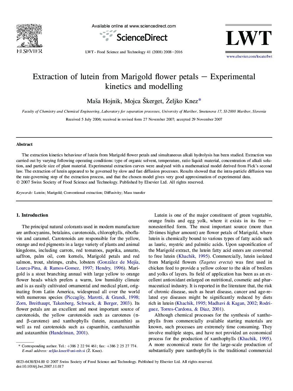 Extraction of lutein from Marigold flower petals – Experimental kinetics and modelling