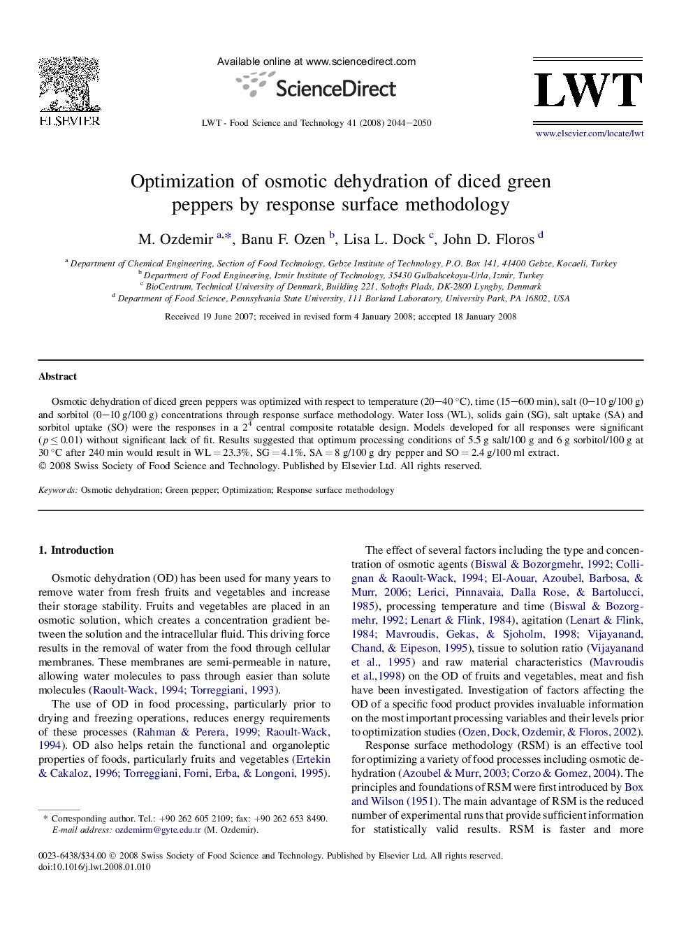 Optimization of osmotic dehydration of diced green peppers by response surface methodology