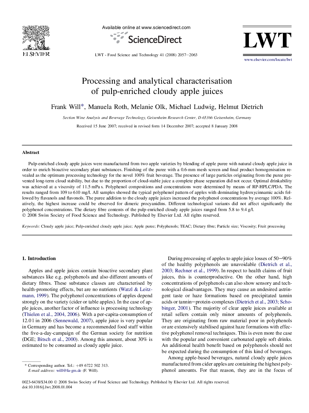 عکس صفحه اول مقاله: Processing and analytical characterisation of pulp-enriched cloudy apple juices Processing and analytical characterisation of pulp-enriched cloudy apple juices