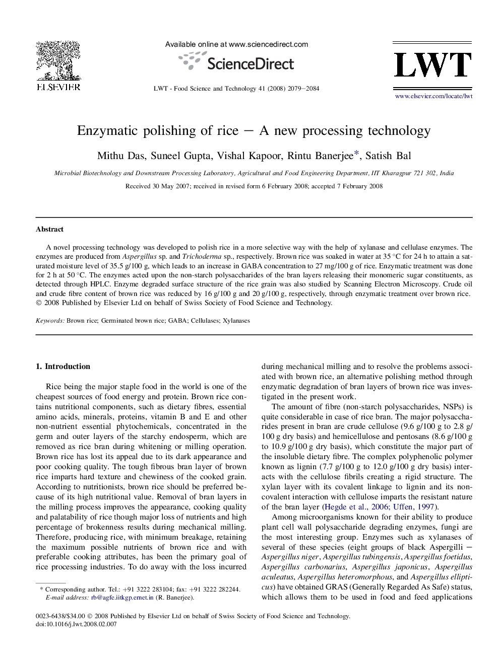 Enzymatic polishing of rice – A new processing technology