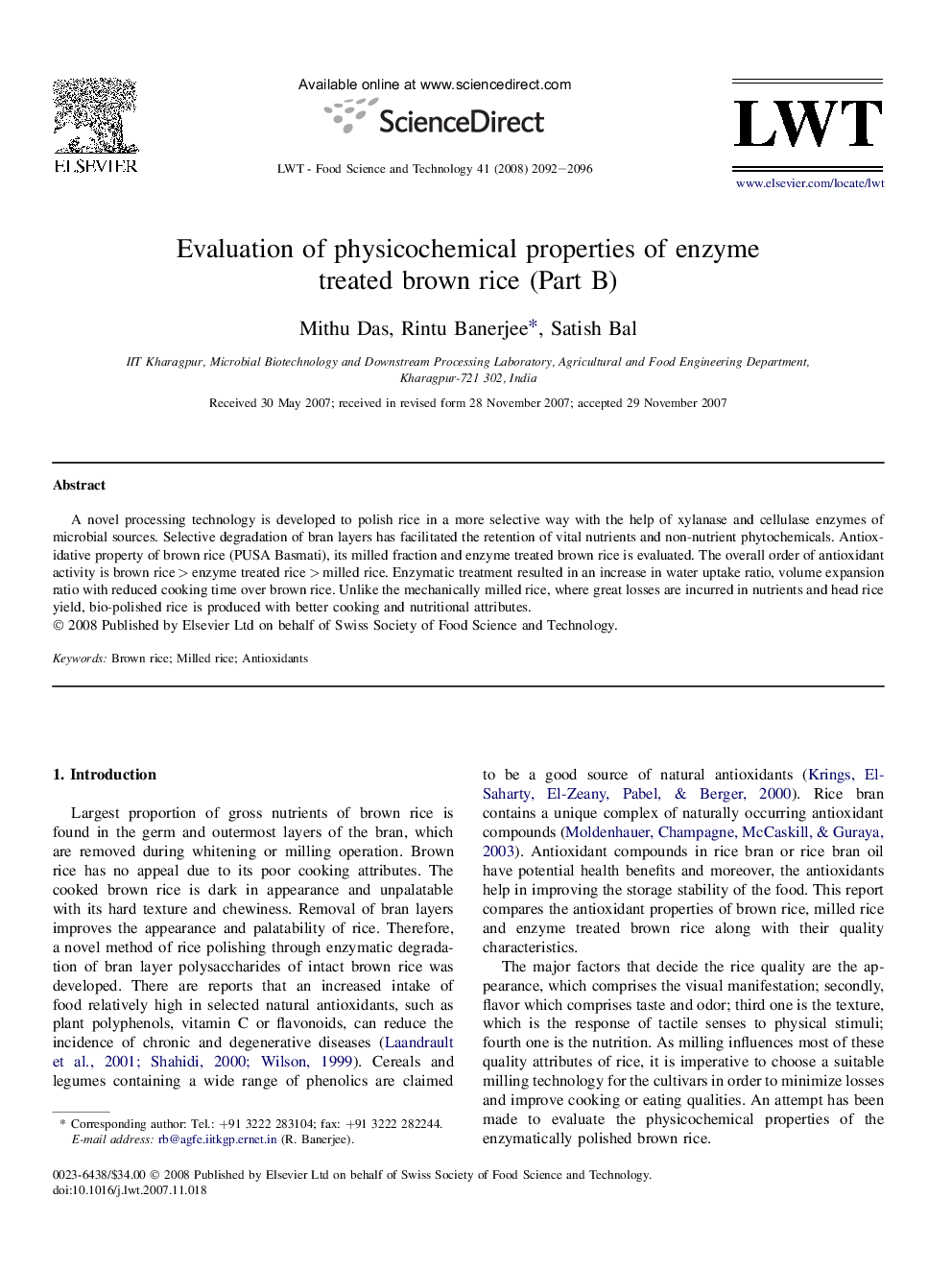 عکس صفحه اول مقاله: Evaluation of physicochemical properties of enzyme treated brown rice (Part B) Evaluation of physicochemical properties of enzyme treated brown rice (Part B)