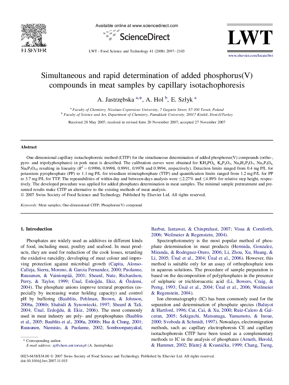 Simultaneous and rapid determination of added phosphorus(V) compounds in meat samples by capillary isotachophoresis