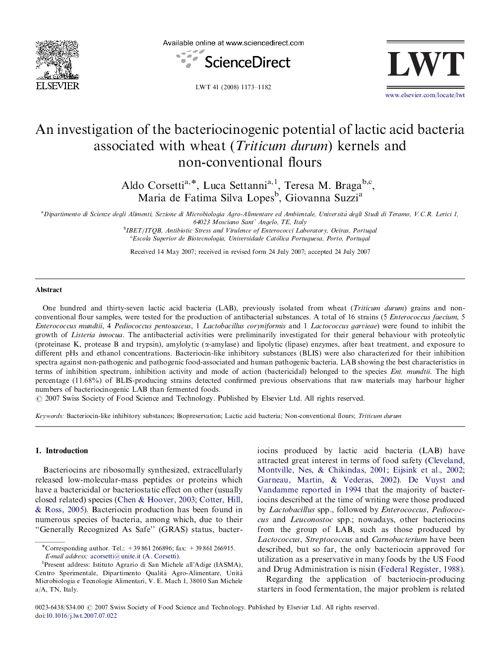 An investigation of the bacteriocinogenic potential of lactic acid bacteria associated with wheat (Triticum durum) kernels and non-conventional flours