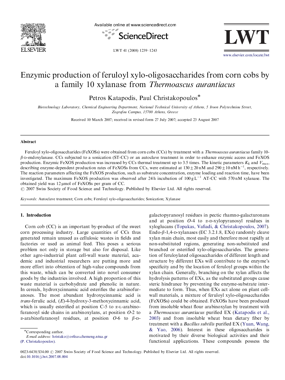 Enzymic production of feruloyl xylo-oligosaccharides from corn cobs by a family 10 xylanase from Thermoascus aurantiacus