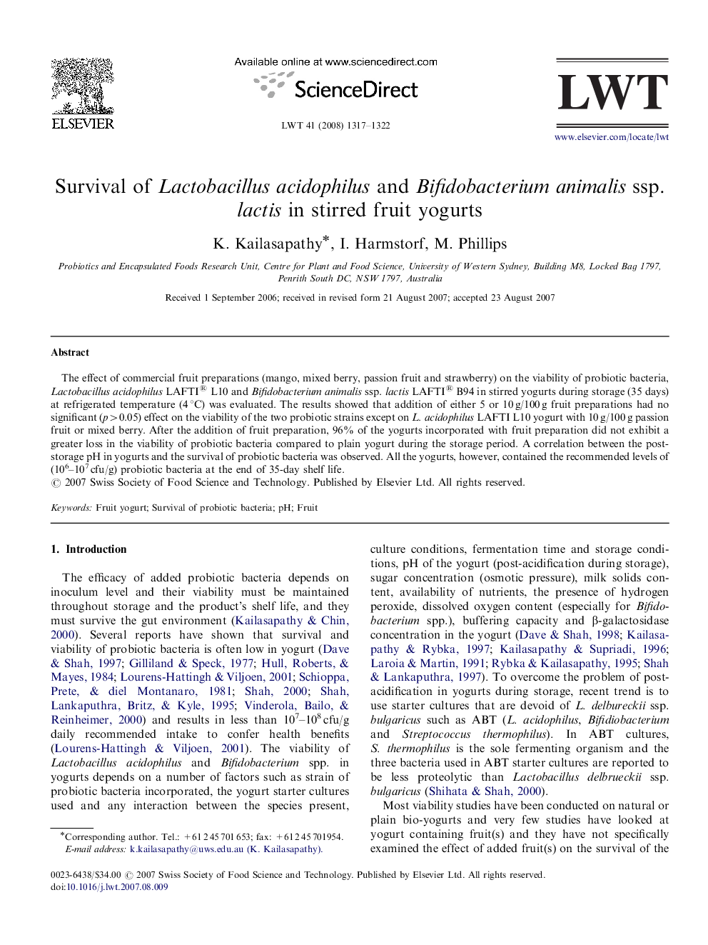 Survival of Lactobacillus acidophilus and Bifidobacterium animalis ssp. lactis in stirred fruit yogurts