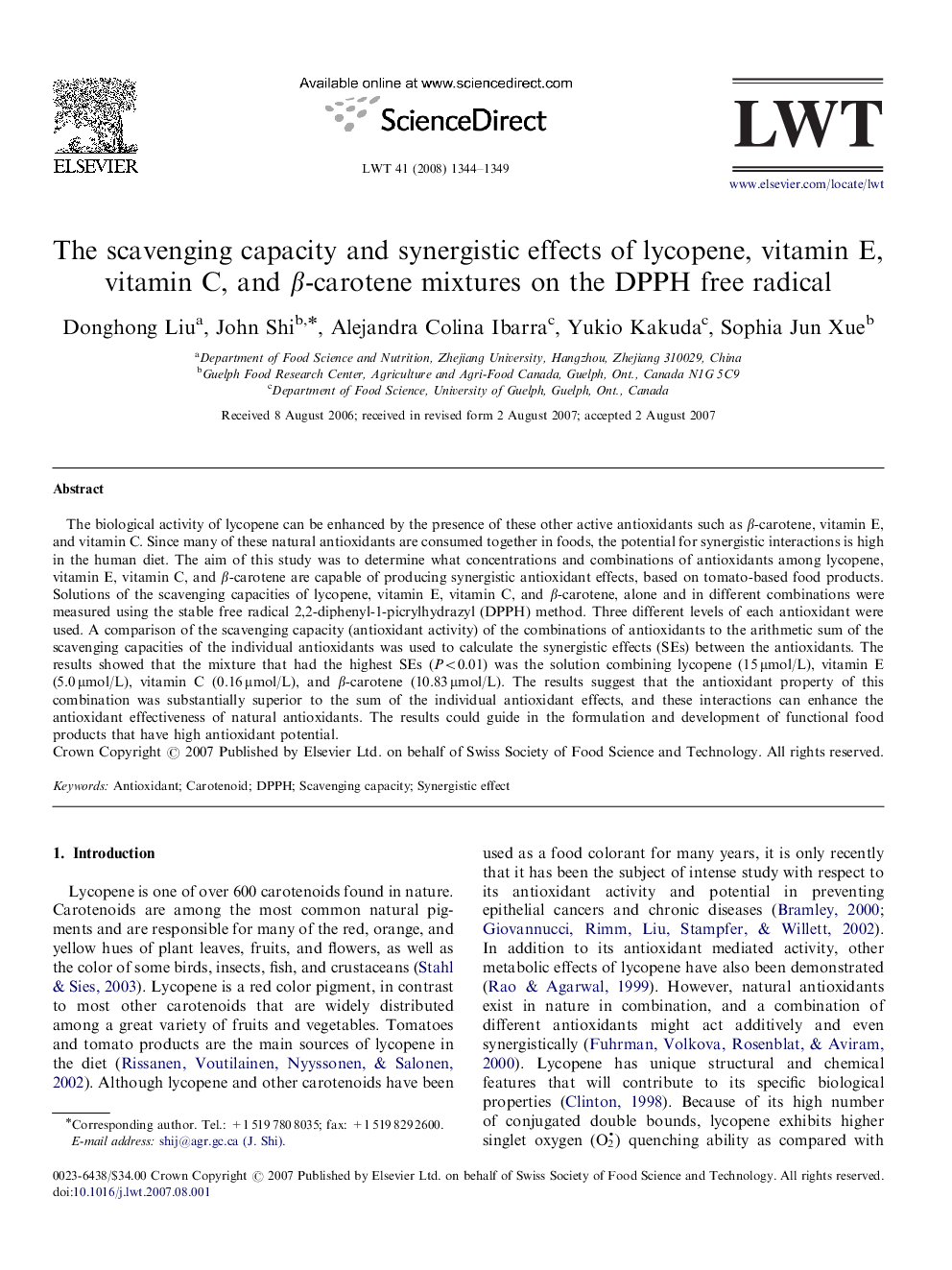 The scavenging capacity and synergistic effects of lycopene, vitamin E, vitamin C, and β-carotene mixtures on the DPPH free radical