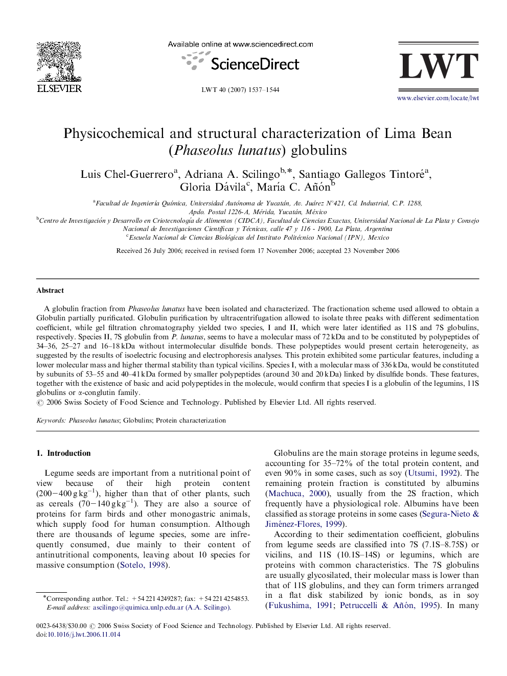 Physicochemical and structural characterization of Lima Bean (Phaseolus lunatus) globulins