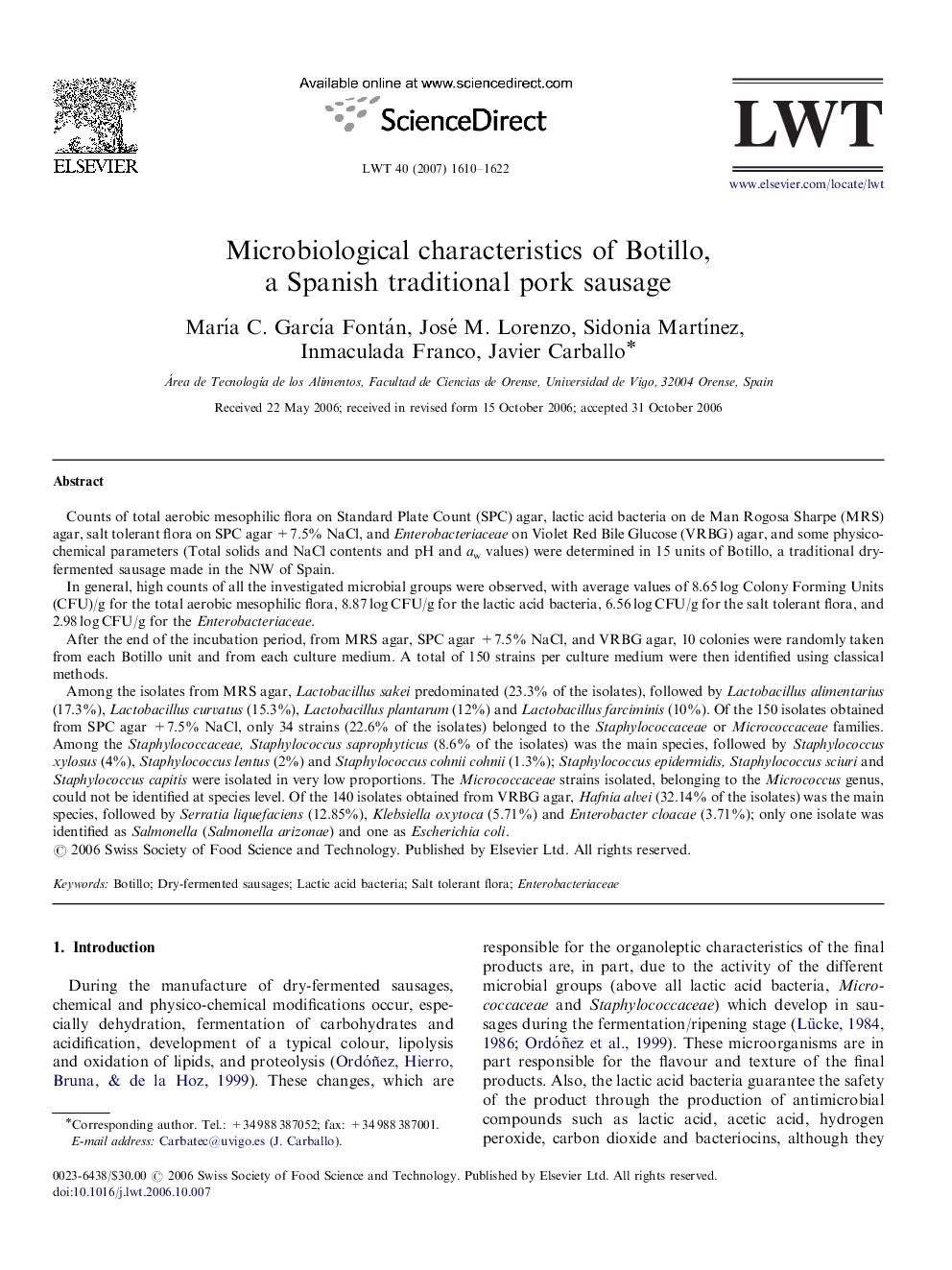 Microbiological characteristics of Botillo, a Spanish traditional pork sausage