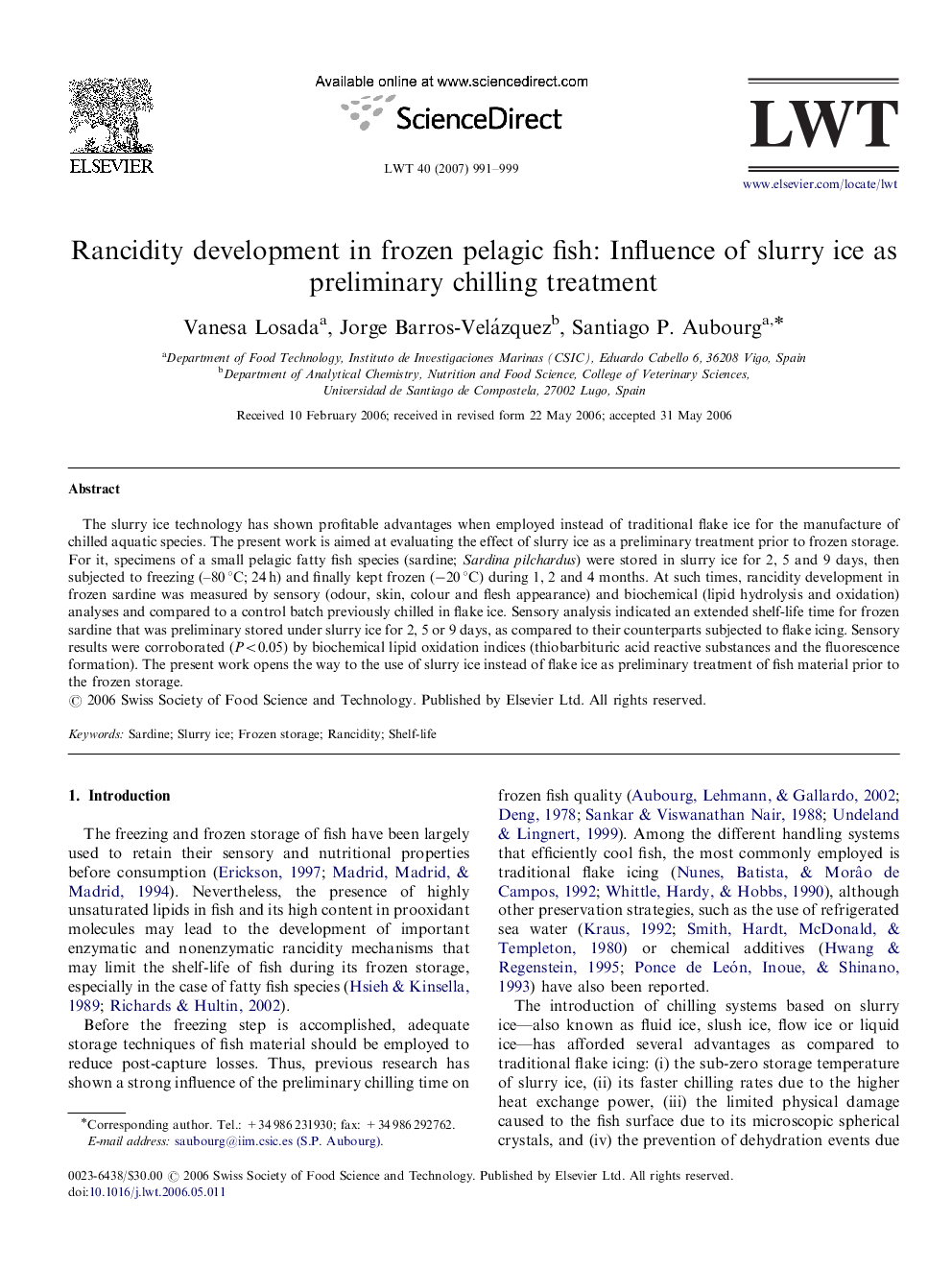 Rancidity development in frozen pelagic fish: Influence of slurry ice as preliminary chilling treatment