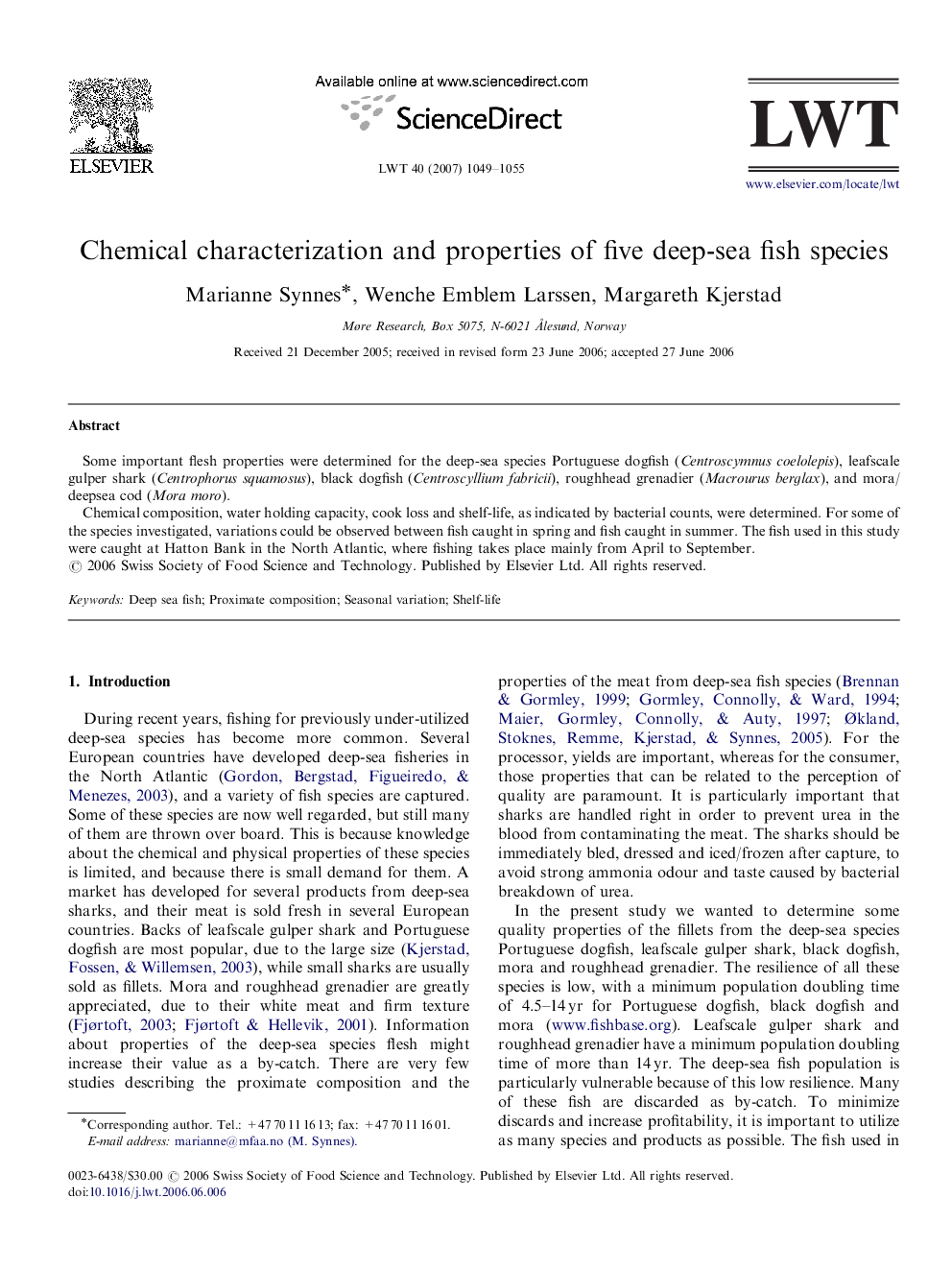 Chemical characterization and properties of five deep-sea fish species