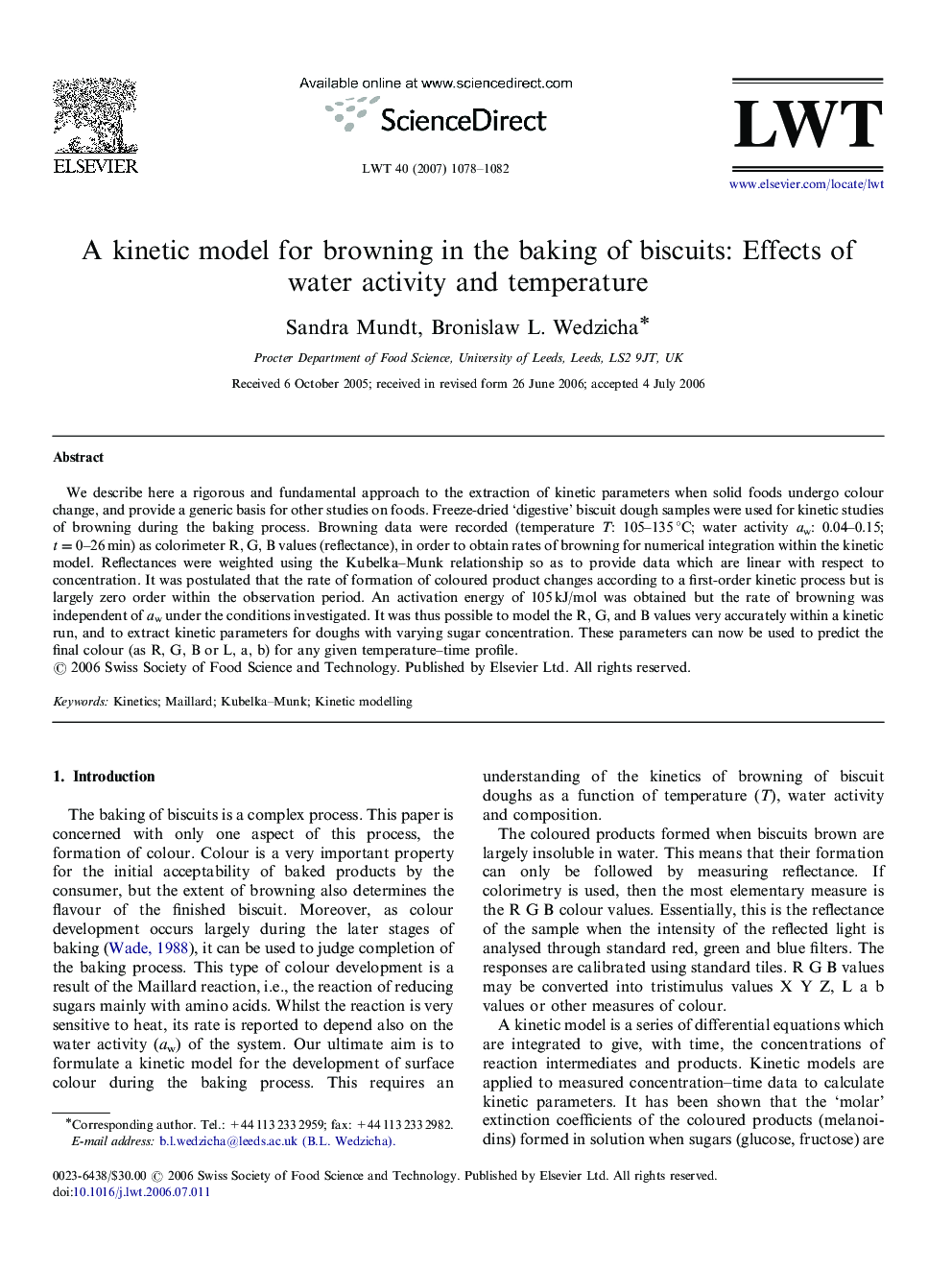 A kinetic model for browning in the baking of biscuits: Effects of water activity and temperature