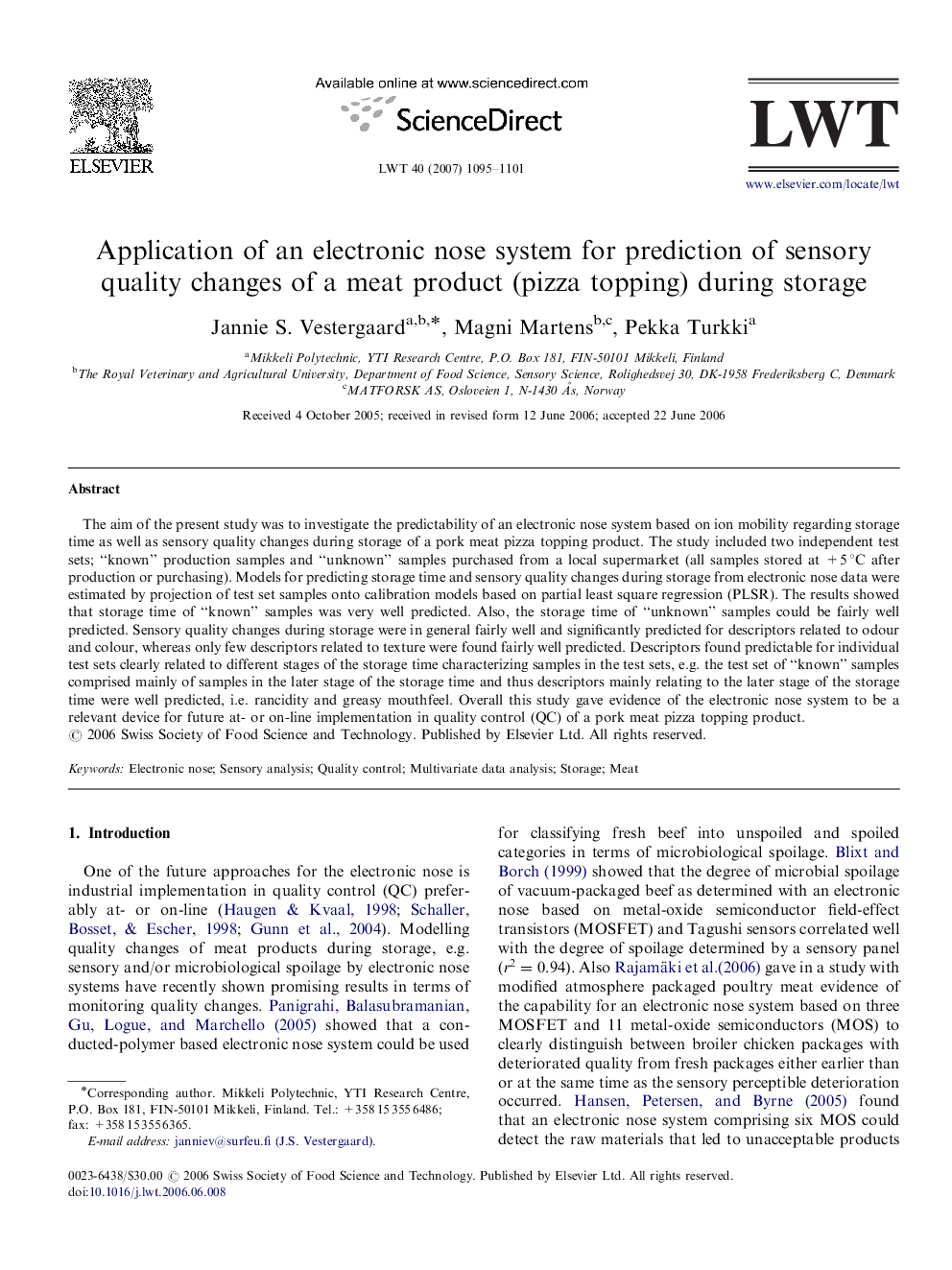 Application of an electronic nose system for prediction of sensory quality changes of a meat product (pizza topping) during storage