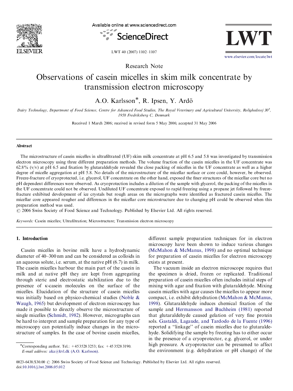 Observations of casein micelles in skim milk concentrate by transmission electron microscopy