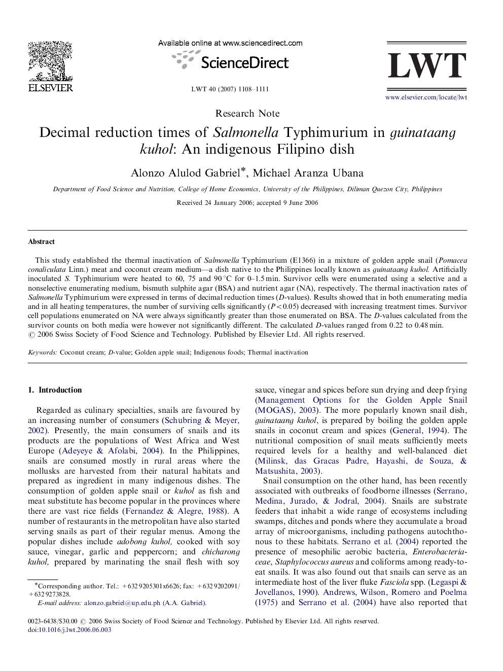 Decimal reduction times of Salmonella Typhimurium in guinataang kuhol: An indigenous Filipino dish