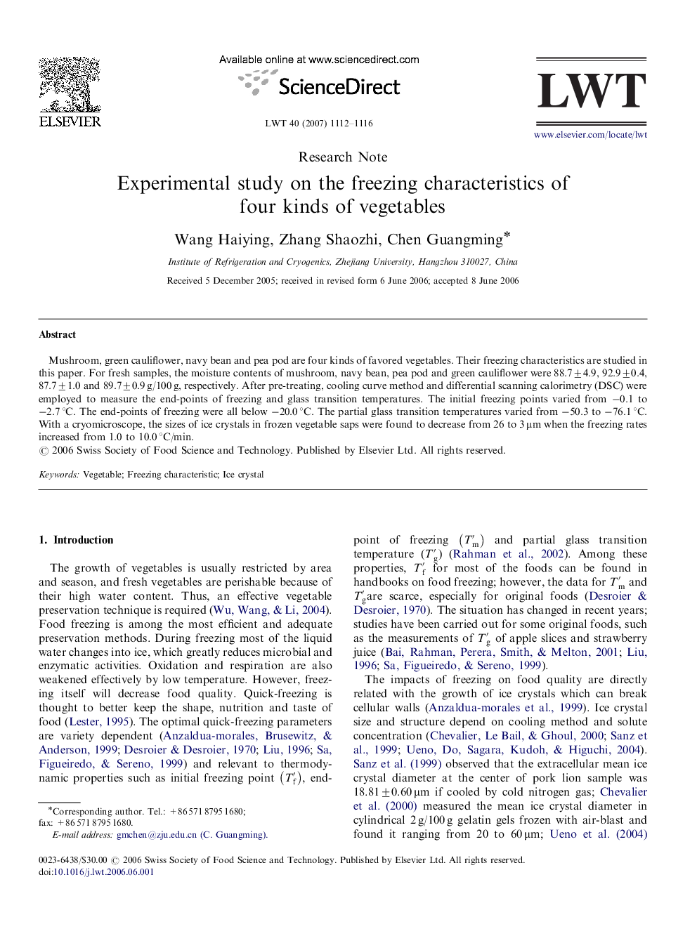 Experimental study on the freezing characteristics of four kinds of vegetables