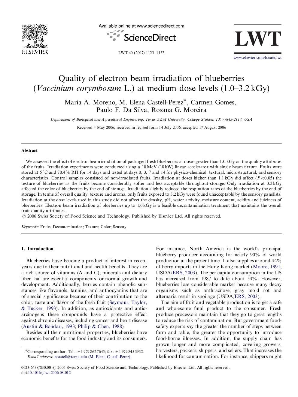 Quality of electron beam irradiation of blueberries (Vaccinium corymbosum L.) at medium dose levels (1.0–3.2 kGy)