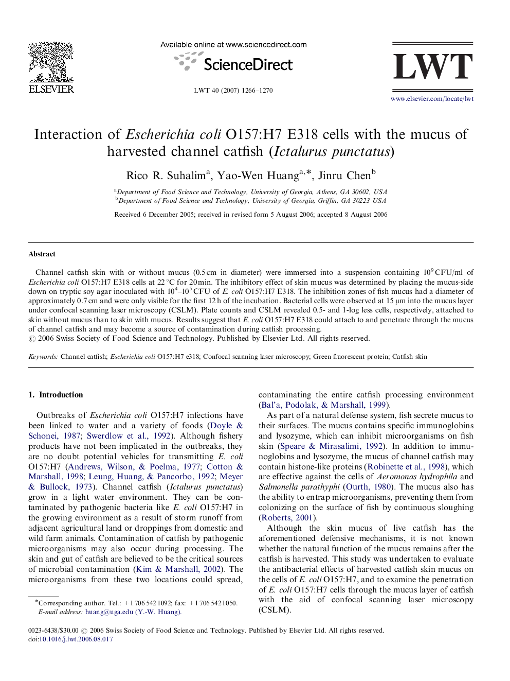 Interaction of Escherichia coli O157:H7 E318 cells with the mucus of harvested channel catfish (Ictalurus punctatus)