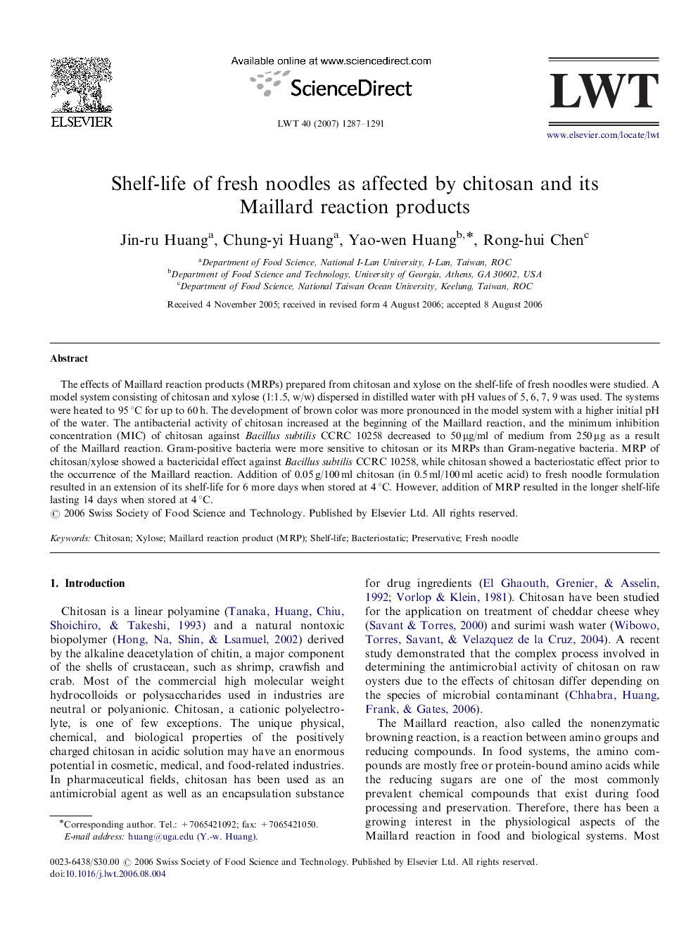 Shelf-life of fresh noodles as affected by chitosan and its Maillard reaction products