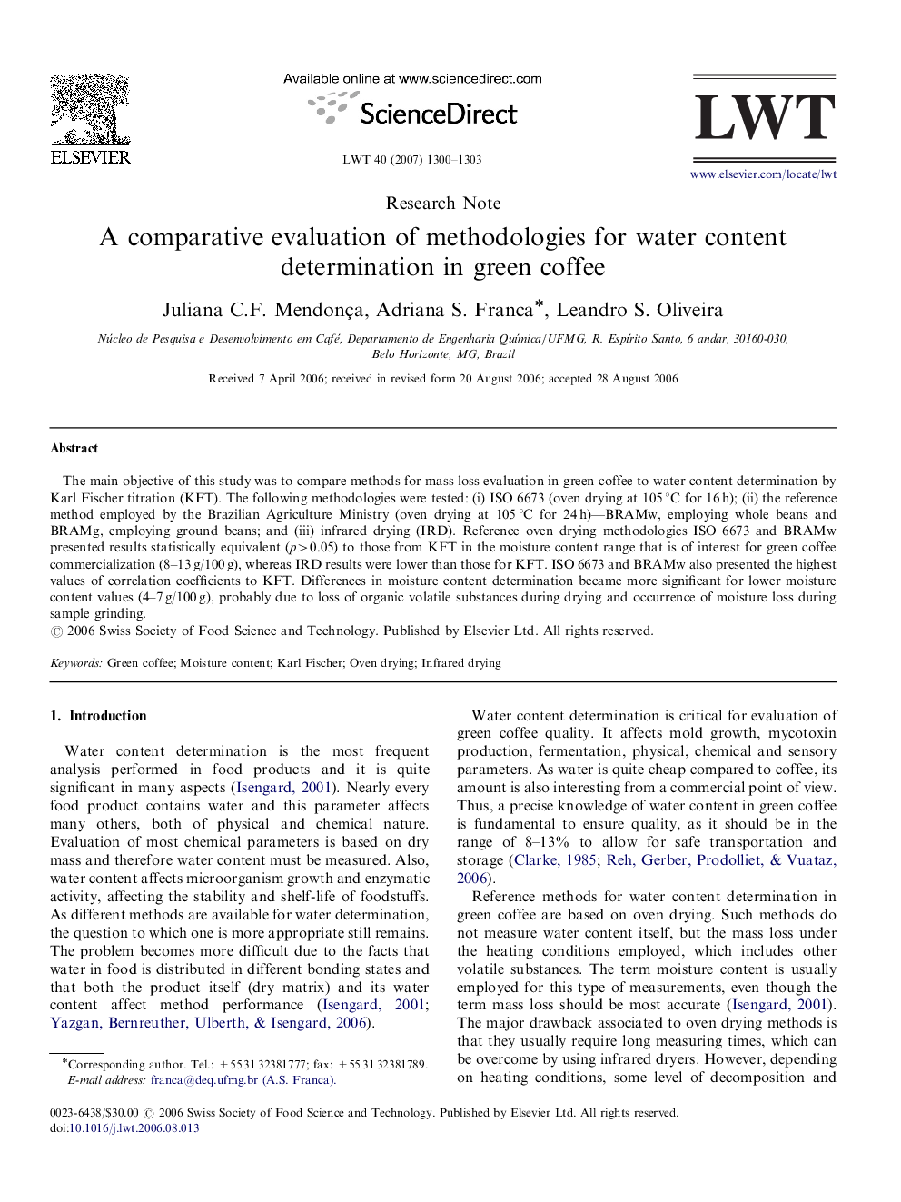 A comparative evaluation of methodologies for water content determination in green coffee