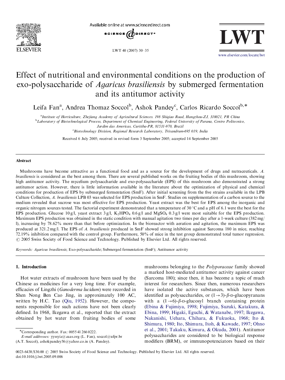 Effect of nutritional and environmental conditions on the production of exo-polysaccharide of Agaricus brasiliensis by submerged fermentation and its antitumor activity