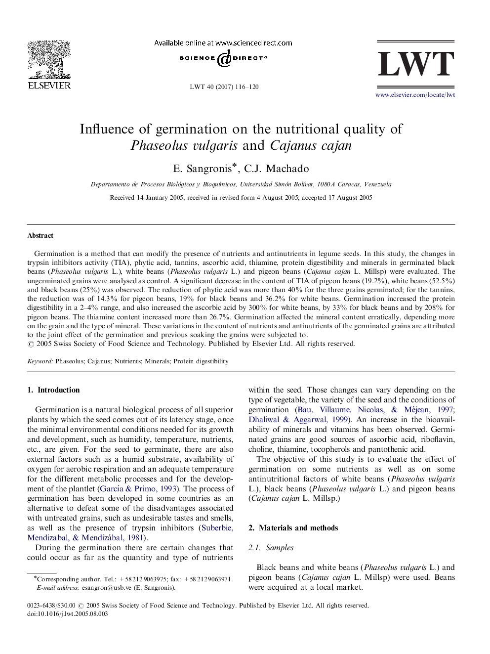 Influence of germination on the nutritional quality of Phaseolus vulgaris and Cajanus cajan