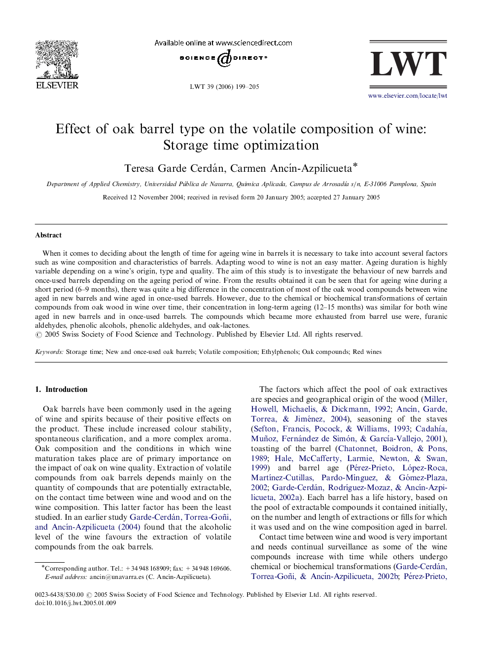 Effect of oak barrel type on the volatile composition of wine: Storage time optimization