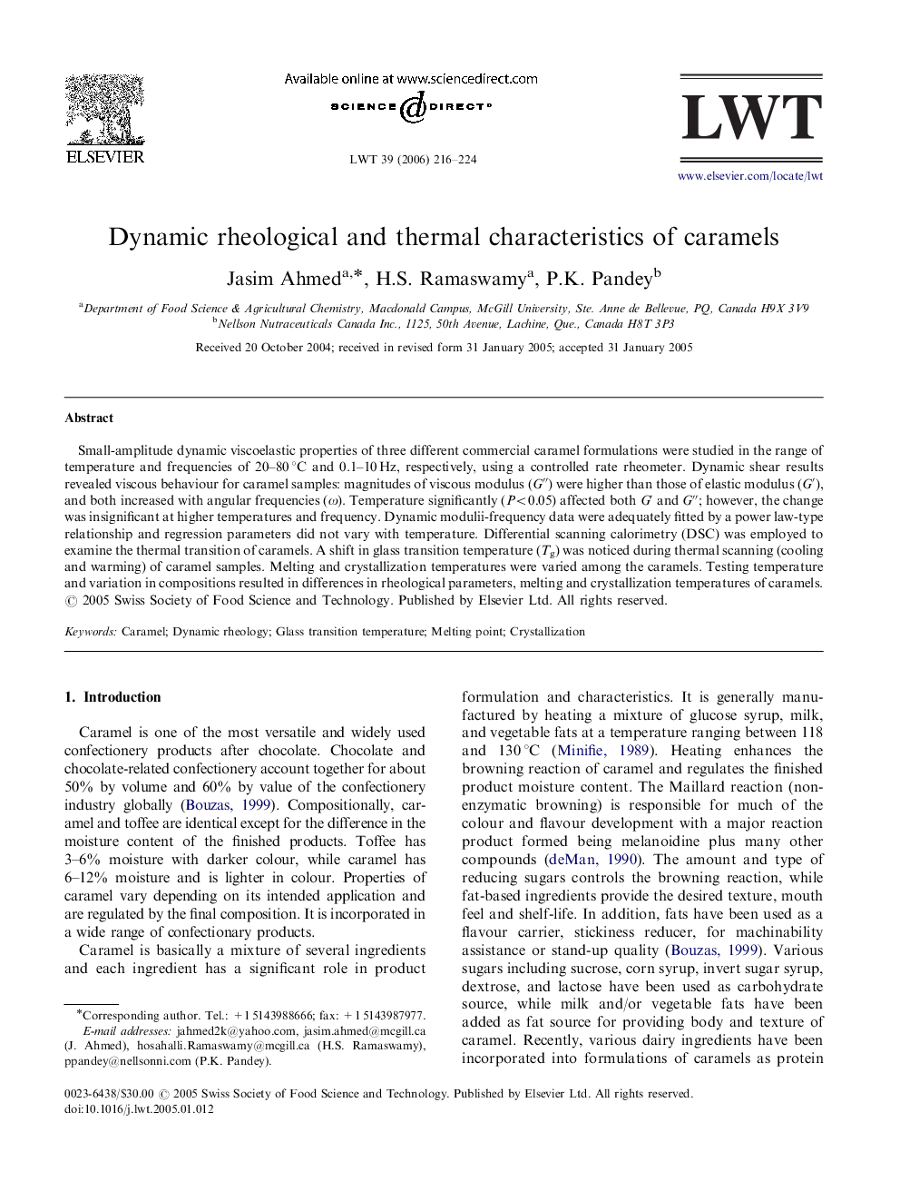 Dynamic rheological and thermal characteristics of caramels