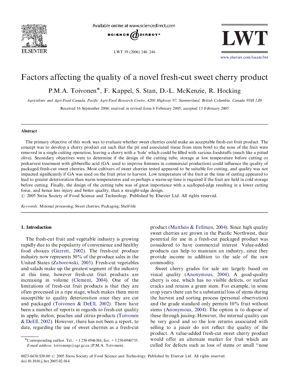 Factors affecting the quality of a novel fresh-cut sweet cherry product