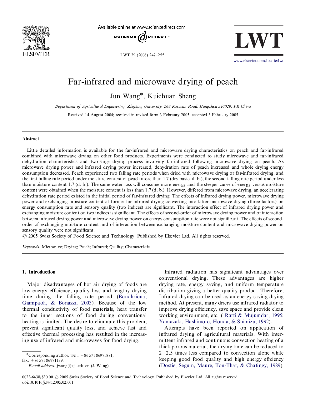 Far-infrared and microwave drying of peach