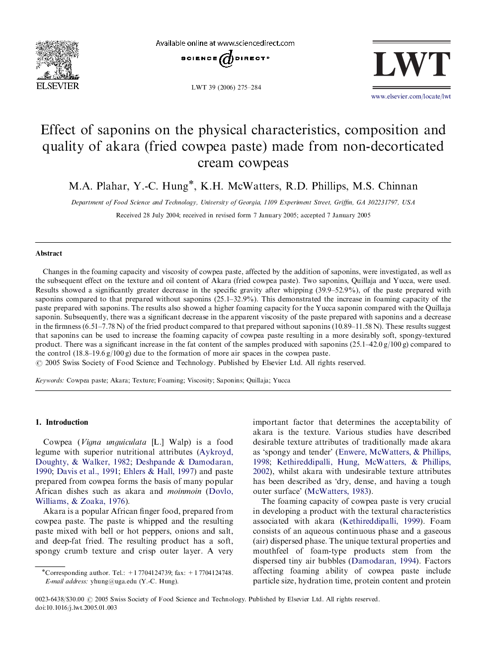 Effect of saponins on the physical characteristics, composition and quality of akara (fried cowpea paste) made from non-decorticated cream cowpeas