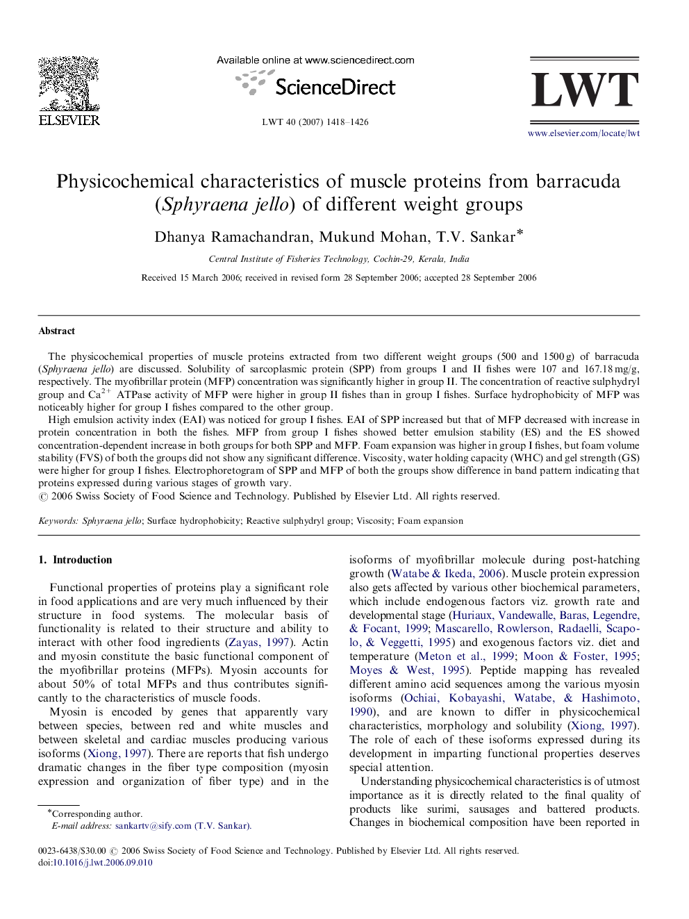 Physicochemical characteristics of muscle proteins from barracuda (Sphyraena jello) of different weight groups