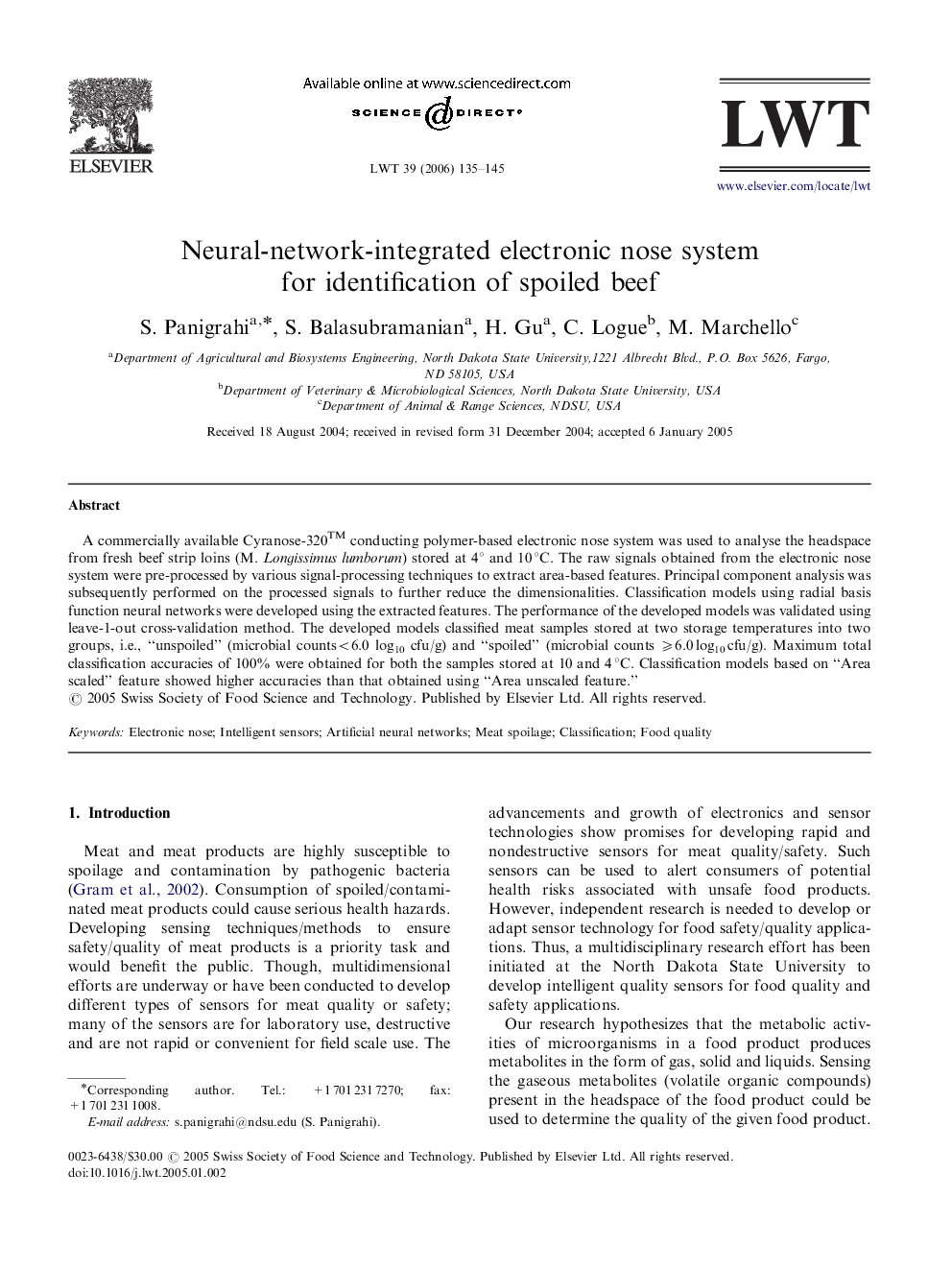 Neural-network-integrated electronic nose system for identification of spoiled beef