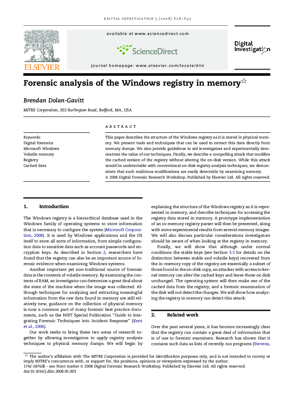 Forensic analysis of the Windows registry in memory 