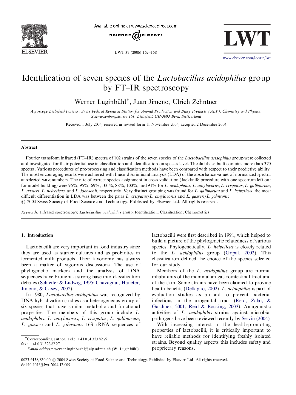 Identification of seven species of the Lactobacillus acidophilus group by FT–IR spectroscopy