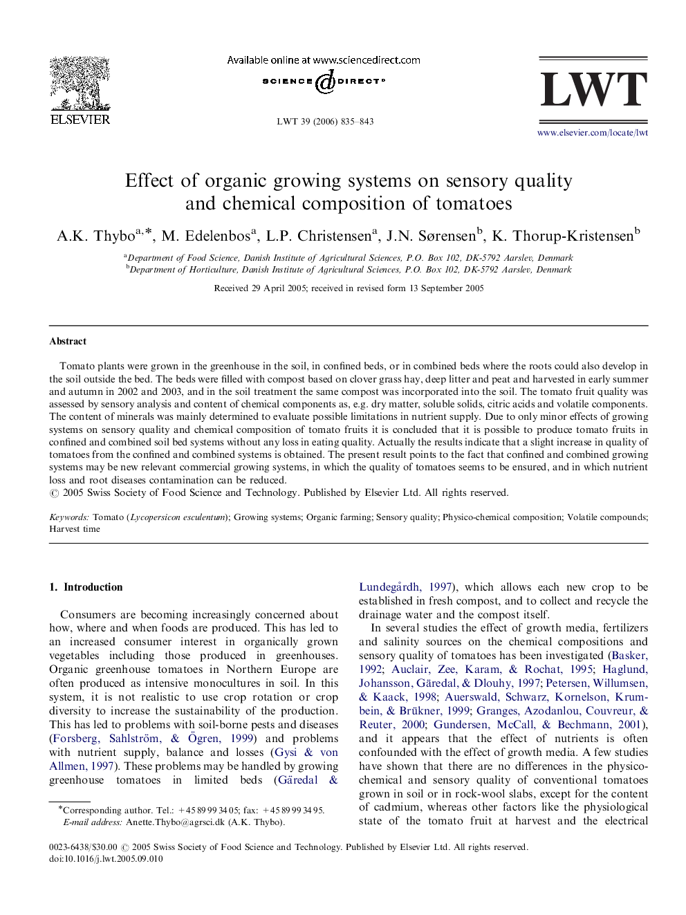 Effect of organic growing systems on sensory quality and chemical composition of tomatoes